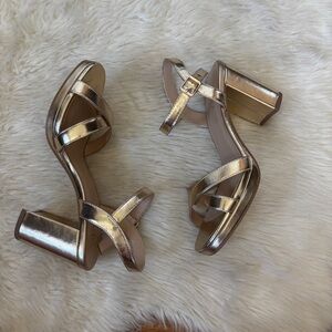 Gold Metallic Criss Cross Ankle Strap Open Toe High Heels